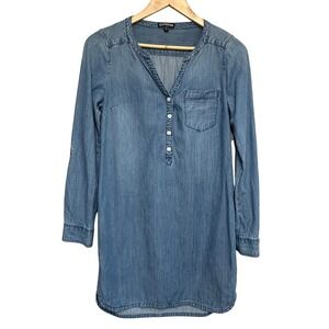 Express Denim Mini Shirt Dress Womens XS Blue Roll Tab Sleeve Casual Relaxed